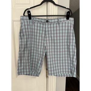 EUC Tommy Bahama Golf Chino Shorts Blue Gray Plaid Men's 38 Nylon Spandex Blend